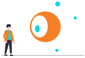 Man in orange and blue standing in front of an orange circle with blue circles around it vector